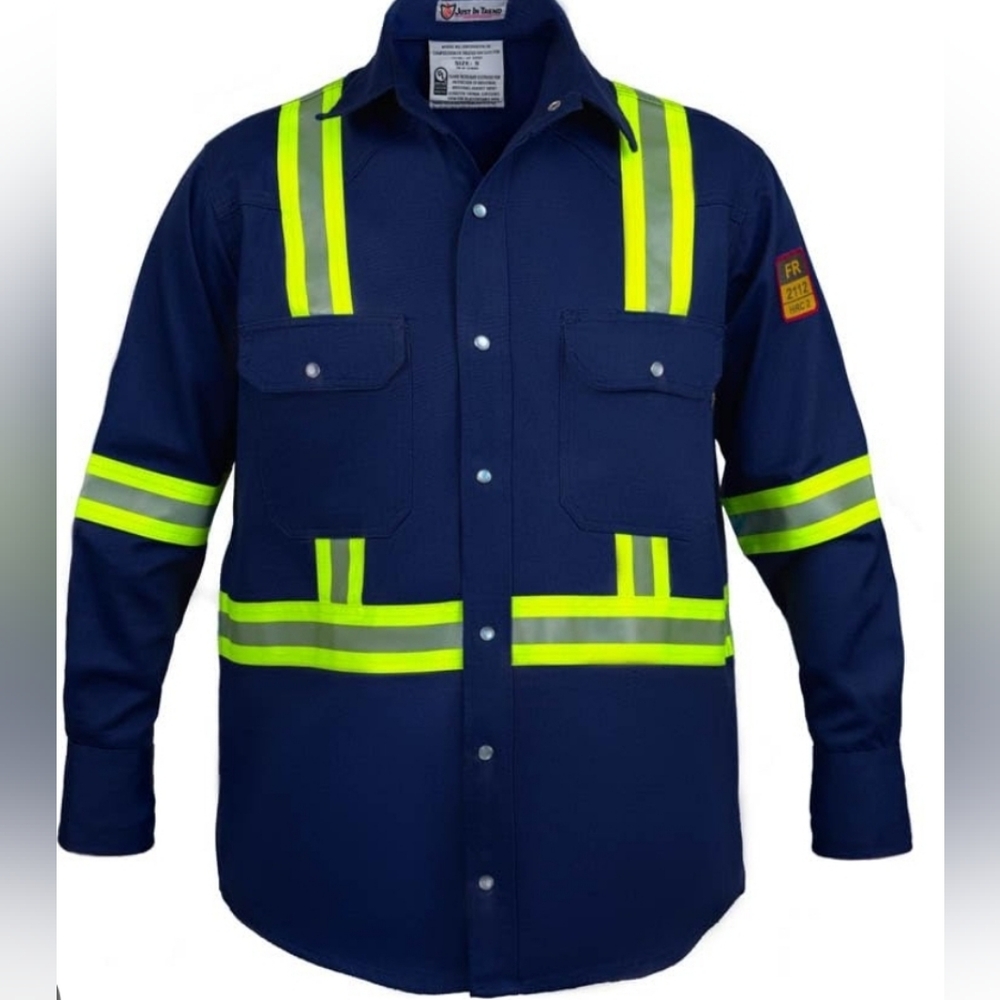 Men's Navy Blue Fire Resistant Safety Shirt with Reflective Stripes. Size L